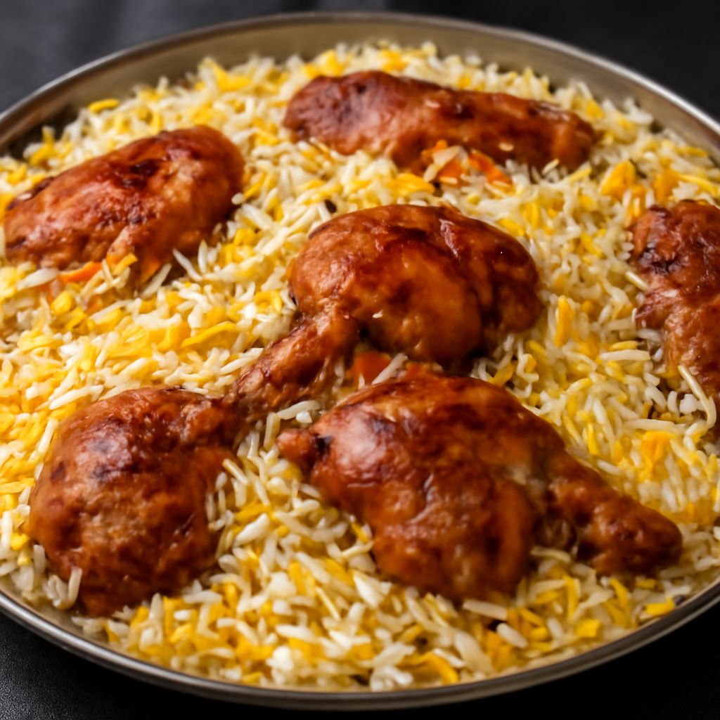 Delicious chicken mandi with mandi rice and spices