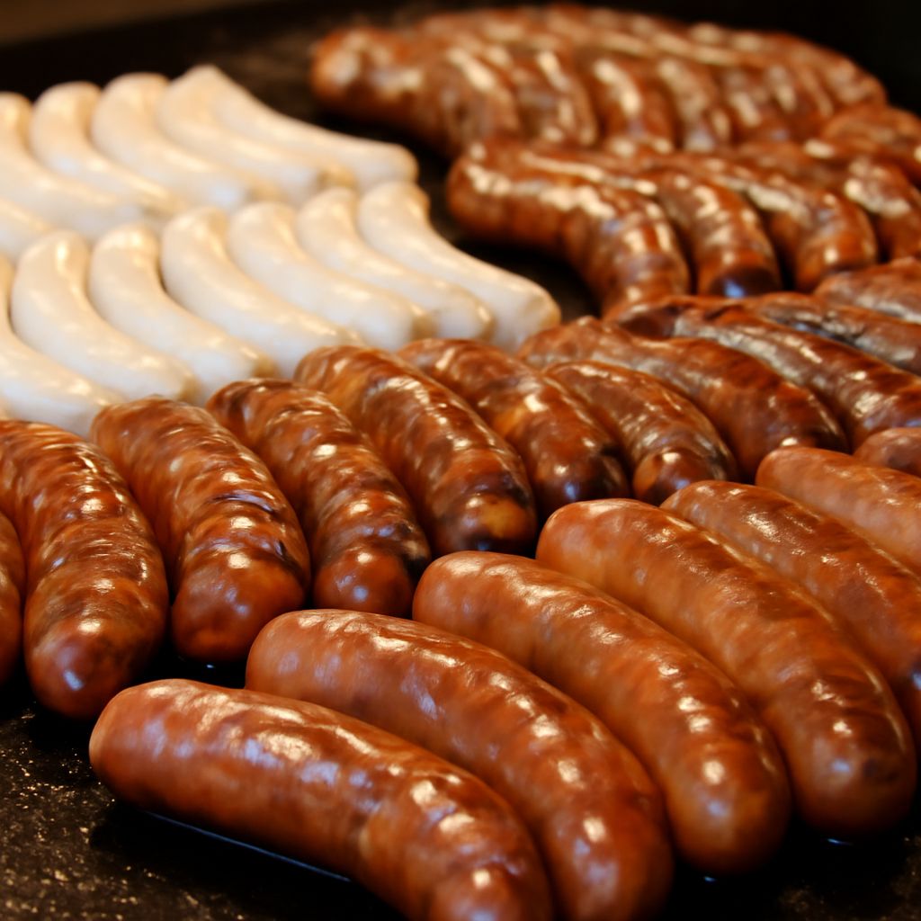 A variety of German sausage types including German breakfast sausage and German wurst