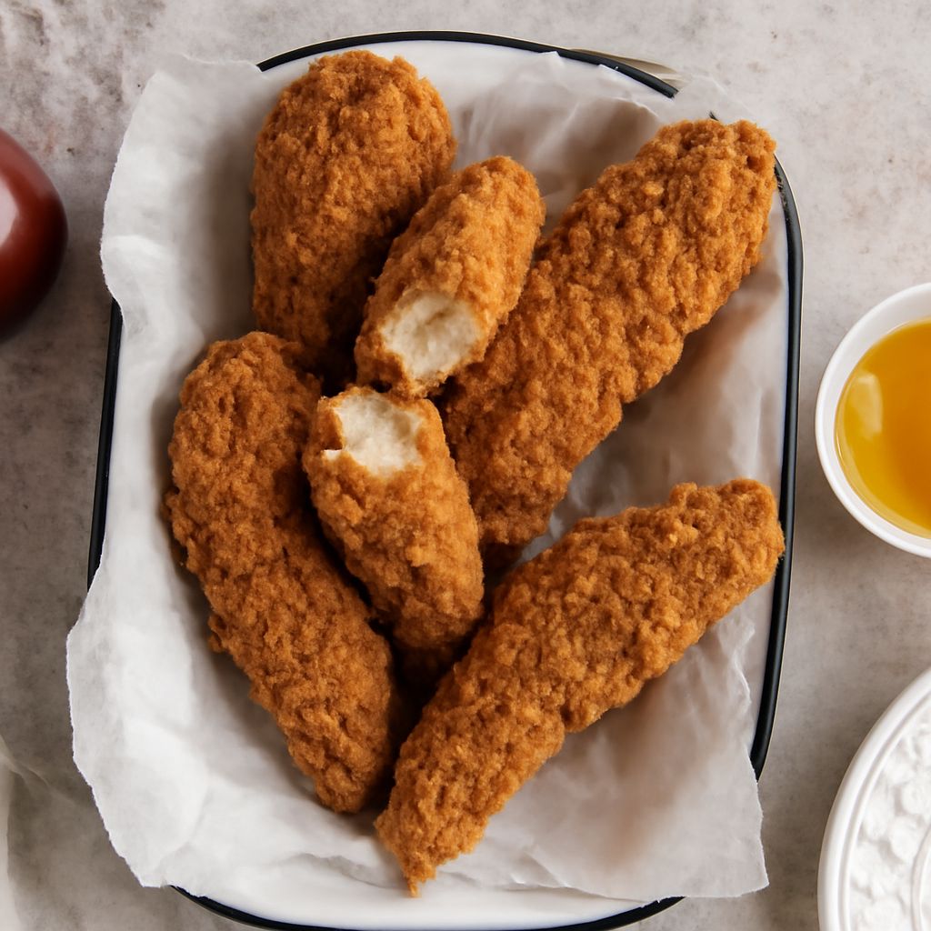 A delicious plate of homemade chicken tenders and homemade chicken strips