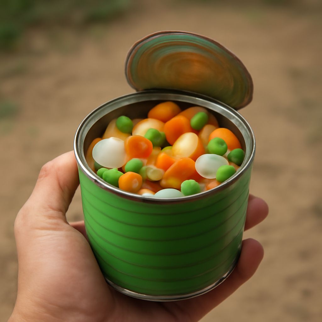 Canned food and food cans in home kitchen