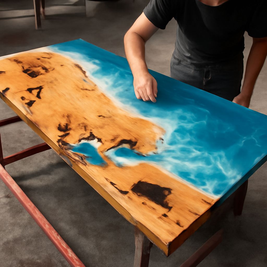 wood epoxy table and wood and resin table